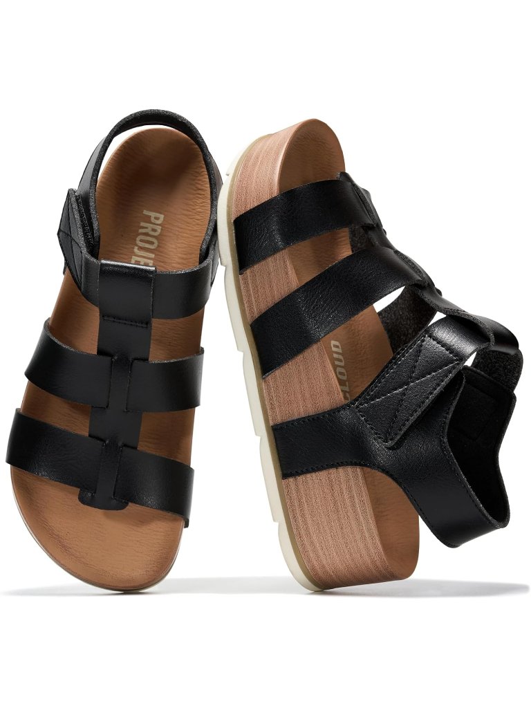 Women's Black Strappy Wedges With Comfortable Plush Soft Insole Lightweight